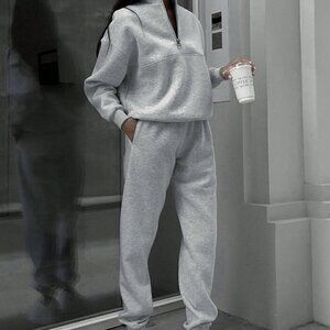 Grey Casual Women's Half Zipper Hoodie And Jogger Pants Two Piece Set